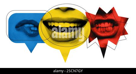 Tre bocche espressive all'interno delle bolle di voce dai colori brillanti illustrano i diversi toni delle conversazioni digitali Foto Stock