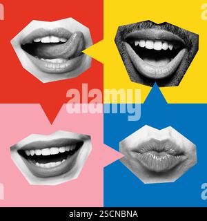 Varie labbra che formano una griglia di bolle di voce illustrano la diversità di voci, opinioni e conversazioni nei media digitali Foto Stock