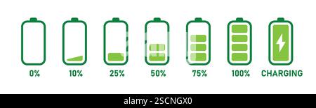 Icona del processo di carica della batteria impostata in verde con percentuale. illustrazione vettoriale. Illustrazione Vettoriale