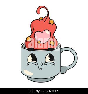 Icona Vector retro della tazza con cuore. Cartello con la scritta "Love romantic Beverage". Amore romantico, relazione. Simbolo amante con espressione facciale. Illustrazione Vettoriale