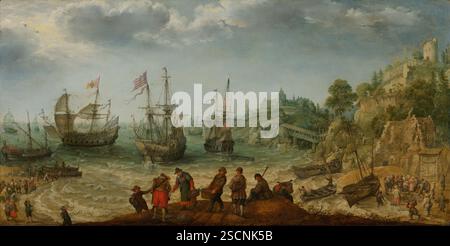 Navi al largo di una costa rocciosa, 1621. Tre maestri con vele fluttuanti e bandiere fluttuanti si trovano appena al largo di una costa rocciosa. Lungo la costa, la gente sta portando i pesci a riva. Il pesce viene già venduto in primo piano. Adam Willaerts realizzò molti paesaggi fantastici, ai quali spesso aggiungeva elementi realistici. Sullo sfondo di questo dipinto, si può vedere il palazzo di Rodolfo II a Praga. Foto Stock