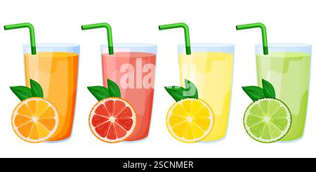 Pompelmo, arancia, limone, succo di lime fresco in bicchiere con cannuccia. Illustrazione di cartoni animati piatti vettoriali isolata su sfondo bianco. Tropico agrumato Illustrazione Vettoriale