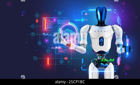 Robot di lavoro per la gestione DELL'INTELLIGENZA ARTIFICIALE in fabbrica. Robot umanoide con intelligenza artificiale o dati cloud di sincronizzazione IA in fabbrica o produttore. Indr Illustrazione Vettoriale