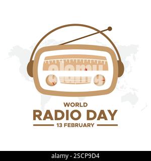 Giornata mondiale della radio. 13 febbraio. Icona del segnale della torre. Design di poster o banner per radio Day. Illustrazione vettoriale del design piatto. Illustrazione Vettoriale
