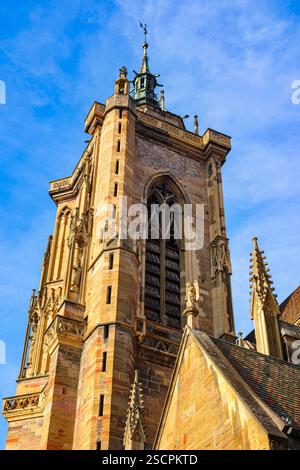Guglia della cattedrale di St Martin a Colmar, dipartimento Haut-Rhin, Alsazia, Francia. Foto Stock