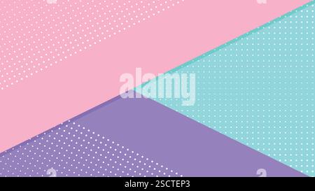 Sfondo pastello astratto con forme diagonali in rosa, turchese e viola. I pois bianchi aggiungono un tocco divertente e moderno, perfetti per la creatività. Illustrazione Vettoriale