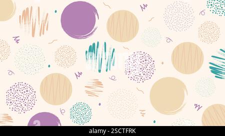 Motivo circolare astratto con texture a pennello disegnate a mano in beige, verde acqua e viola su sfondo crema. Perfetto per il confezionamento e la cartoleria. Illustrazione Vettoriale