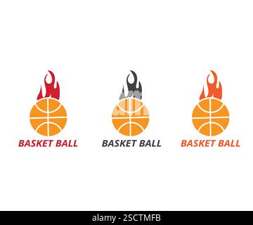 Modello con logo del fuoco da basket, simbolo con logo del basket da torneo sul fuoco, illustrazione vettoriale Illustrazione Vettoriale