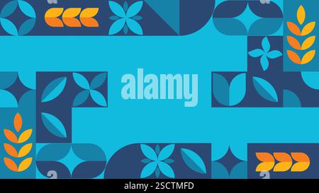 Un moderno sfondo geometrico caratterizzato da fiori stilizzati, foglie e forme astratte nei toni blu e arancione. Ideale per il design digitale e il branding. Illustrazione Vettoriale
