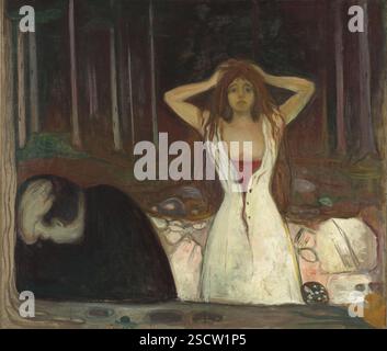 Ceneri, 1895. Ulteriori informazioni: Su uno sfondo scuro di sottili tronchi d'albero, una donna con abiti chiari si erge di fronte a noi. I suoi occhi larghi, i capelli sciolti e il corpetto aperto ci dicono cosa è successo. Con le mani in alto sulla testa, la sua postura è espressiva della disperazione, ma anche del potere e della vittoria. Nel quarto in basso a sinistra della foto si trova un uomo con le spalle rivolte alla donna. Viene ritirato e tiene le mani alla testa. L'unico contatto tra i due dopo quello che e' appena successo nei boschi cupi e' attraverso i suoi lunghi capelli rossi. Foto Stock