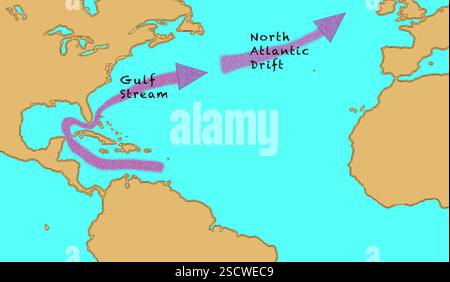 Una mappa della corrente del Golfo e della deriva dell'Atlantico settentrionale nell'Oceano Atlantico. Foto Stock
