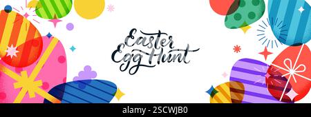 Striscione di caccia all'uovo di Pasqua, poster con uova colorate. Illustrazione vettoriale. Design geometrico a colori. Decorazione delle feste natalizie, invito, biglietto d'auguri de Illustrazione Vettoriale