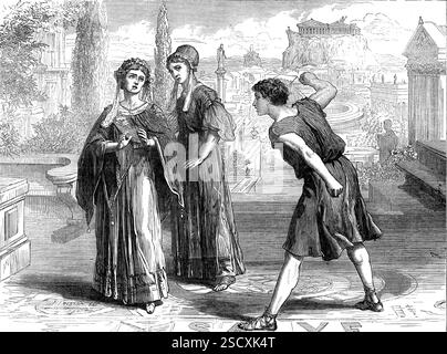 Scena del Westminster Play, 1872. Scolari pubblici che si esibiscono in latino. "Una vecchia e drammatica istituzione resiste ancora agli sforzi della nostra era innovatrice. Nel Westminster Play vengono mantenute le peculiarità della pronuncia, anche se è abbastanza certo che il suono del latino, pronunciato come è stato per alcune generazioni a Westminster, deve apparire orribilmente moderno a molti fantasmi normanni e sassoni nei vicini chiostri, e deve far sì che molti vecchi monaci inglesi, sepolti nei recinti, girino nella sua tomba... la scena raffigurata nell'Illustrat Foto Stock