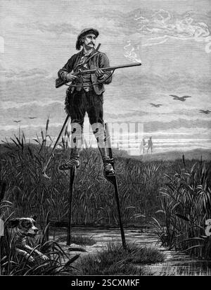 Sportivo delle Landes (Francia), 1880. '...gran parte delle Lande è stata recuperata con profitto per la coltivazione e per la sistemazione utile;...intorno ai laghi di Cazau, Biscarrosse e Aureilhan...lo sportivo troverà un'abbondanza di selvaggina, anatre selvatiche e cecchini, nonché lepri e conigli...i rustici abitanti delle Lande... sono notoriamente abituati a camminare su palafitte, il che significa che sono abilitati ad attraversare paludi e paludi, o torrenti, o torrenti, e per avere una vista estesa, dal loro terreno sopraelevato, sopra la pianura pianeggiante dove passano il loro lo Foto Stock