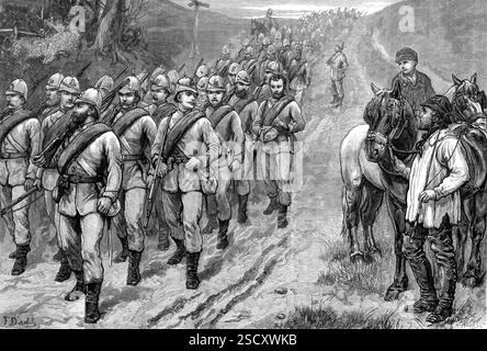 The Brighton Review: The Artists' Corps Marching to Brighton, 1880. 'Il venerdì Santo, alle dodici e mezza, il 38th Middlesex (Artists) Rifles sfilò fino a 350, lo stato della parata che includeva sedici ufficiali, trentaquattro sergenti e trentadue batteristi e filer. Il maggiore Hans Busk era al comando... il column...proceeded fino alla porta di Hassock, dove si unì al commissariato e ai carri ambulanza, e marciò verso Brighton. Il loro aspetto marziale, tutti i gradi sono in abito completo, con caschi, ghette, stivali da tiro, guanti bianchi, bottiglie d'acqua, haversacks e regime Foto Stock