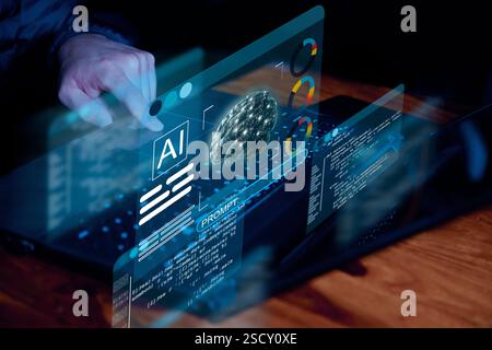 Un'interfaccia digitale futuristica che mostra tecnologia di intelligenza artificiale, apprendimento automatico e analisi dei dati, con un cervello brillante, codice di programmazione e intera Foto Stock