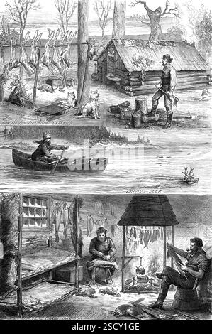 Cacciatori di pellicce nei boschi del Canada, 1880. Cabina per cacciatori di pellicce, esterno; cervi guida; cabina per cacciatori di pellicce, interno...tra i coloni agricoli, non pochi uomini della razza bianca, che preferiscono guadagnarsi da vivere catturando castori, lontre, muschio, visone e zibellino, le cui pelli sono prontamente vendute... le nostre illustrazioni... mostrano... due o tre di quegli uomini duri... che si impiegano in compiti utili. Il primo è stato dividere i tronchi per il carburante, di umore tranquillo, non togliergli il tubo dalla bocca... ha un buon deposito di fiaccole di cervi, con una testa di corna o due, Foto Stock