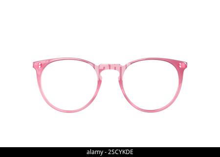 Montature da donna in plastica rosa, eleganti e moderne, con apertura isolata sul bianco Foto Stock