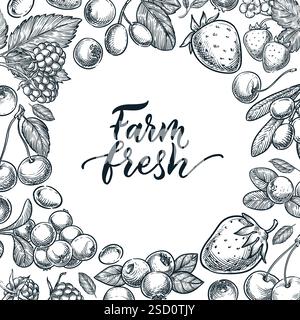 Cornice quadrata di frutti di bosco maturi. Illustrazione vettoriale disegnata a mano di lampone, mirtillo, fragola, mirtillo, ciliegia. Banner, poster, laboratorio Illustrazione Vettoriale