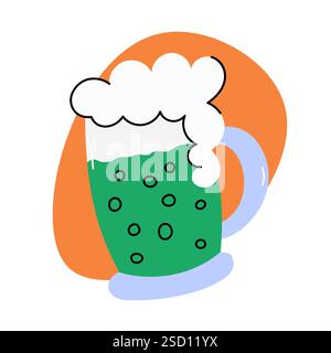 Tazza di birra verde irlandese. Illustrazione vettoriale. Tazza di vetro di birra schiumosa. Bevanda alcolica, bevanda. Elemento di design isolato, oggetto Illustrazione Vettoriale