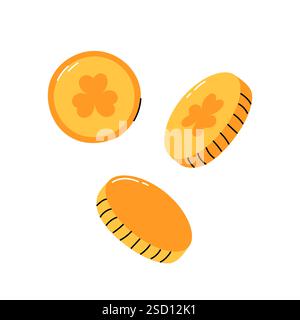 Monete fortunate con sciamrock. Elementi di design irlandesi. Simbolo del giorno di San Patrizio. Illustrazione vettoriale piatta e doodle. Monete d'oro della fortuna insieme isolato Illustrazione Vettoriale