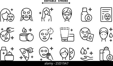 Viso, bellezza, salute, donna, sano, maschera, concetto di pulizia. Traccia modificabile. Icone di colore per la cosmetologia estetica, pittogramma vettoriale della pelle lucida, formica Illustrazione Vettoriale