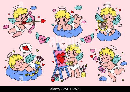 Set vettoriale di illustrazioni colorate di cuccioli in uno stile carino. Perfetto per i disegni di San Valentino Illustrazione Vettoriale