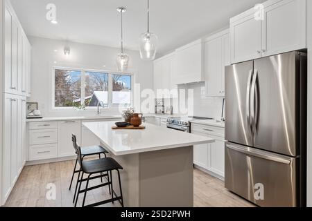 Cucina con frigorifero in acciaio inossidabile, isola bianca e finestra. La cucina è pulita e ben illuminata, con un design moderno e minimalista Foto Stock