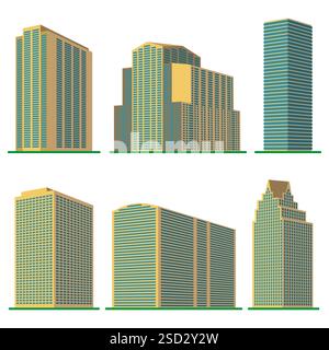 Si compone di sei alti e moderni edifici su sfondo bianco. Vista dell'edificio dal basso. Illustrazione vettoriale isometrica. Illustrazione Vettoriale