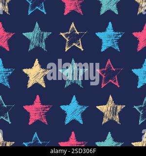 Motivo senza cuciture con stelle blu disegnate a mano su sfondo blu. Trama grunge astratta. Illustrazione vettoriale Illustrazione Vettoriale