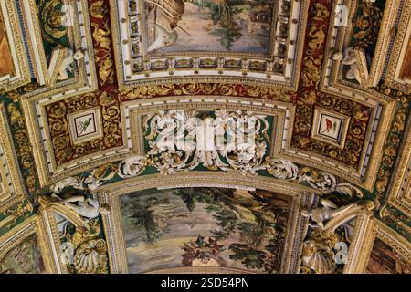 Città del Vaticano - 5 settembre 2018: Intricati affreschi a soffitto e stucco dorato nella Galleria delle carte geografiche, Musei Vaticani, Roma Foto Stock