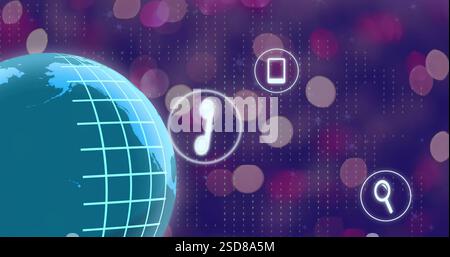 Immagine del globo che ruota sopra le icone multimediali e gli spot luminosi Foto Stock