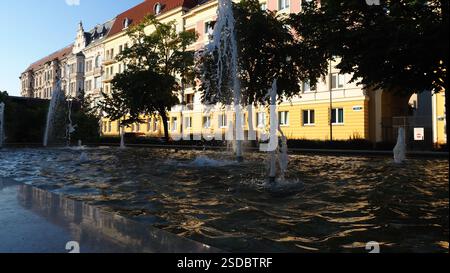 Case in stile antico e una fontana a Szczecin in Polonia Foto Stock