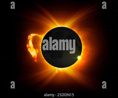 Illustrazione digitale dell'atmosfera solare rivelata durante un'eclissi totale del Sole. A sinistra è visibile un'espulsione di massa coronale o un bagliore di grandi dimensioni. Foto Stock