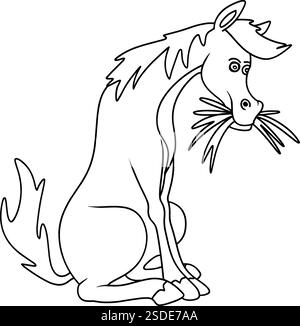 Un cavallo a cartoni animati seduto e mangiato erba, in stile arte di linea. Carino e bizzarro, perfetto per progetti per bambini, progetti a tema fattoria o legati agli animali Illustrazione Vettoriale