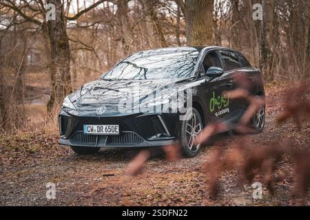 Auto elettrica nera parcheggiata nella foresta autunnale, veicolo di condivisione auto elettrica di Deer Mobility, Gechingen, Foresta Nera, Germania, Europa Foto Stock