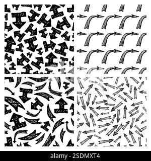 Motivo senza cuciture con frecce nere disegnate a mano. Set di quattro sfondi astratti creativi. Illustrazione vettoriale Illustrazione Vettoriale