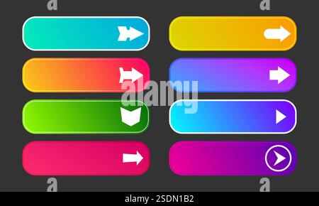 Pulsanti colorati per sfumature con frecce. Set di otto moderni pulsanti Web astratti. Illustrazione vettoriale Illustrazione Vettoriale