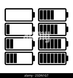 Un set di otto batterie con diversi indicatori di carica. Illustrazione vettoriale Illustrazione Vettoriale