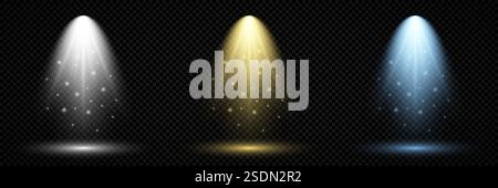 Illuminazione con faretto. Set di tre effetti di illuminazione scenografica con luce bianca fredda, gialla e blu su uno sfondo trasparente scuro. Il vettore Illustrazione Vettoriale