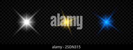 Effetto luminoso dei brillamenti dell'obiettivo. Set di tre luci luminose bianche, gialle e blu che brillano sullo sfondo trasparente. Il vettore Illustrazione Vettoriale
