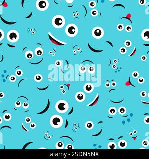 I volti dei cartoni animati sono pieni di emozioni. Pattern senza cuciture con emoticon diverse su sfondo blu. Illustrazione vettoriale Illustrazione Vettoriale
