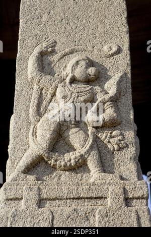 Statua del Dio Hanuman scolpita sul pilastro nel tempio Kadalekalu Ganesha, collina Hemkuta, Hampi, Vijayanagar, patrimonio mondiale dell'UNESCO, altopiano del Deccan, Taluka Hosp Foto Stock