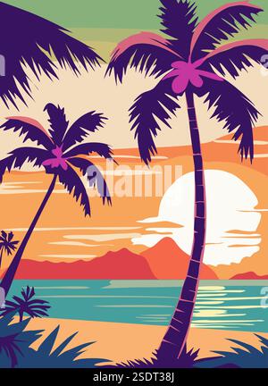Paesaggio di spiaggia con palme e tramonto. Illustrazione Vettoriale