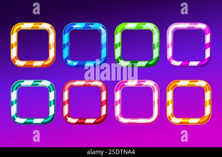 Cornici quadrate caramelle. Illustrazione vettoriale cartoni animati insieme di pulsanti lucidi per la progettazione dell'interfaccia utente di gioco o elementi di corrispondenza slot machine. Carino dolce lecca lecca o. Illustrazione Vettoriale