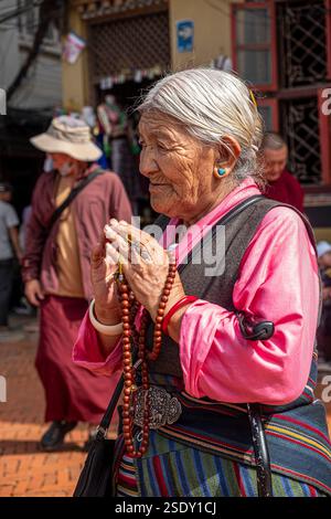 Donna in un tradizionale abito tibetano rosa che prega allo Stupa di Boudhanath a Kathmandu durante una cerimonia religiosa la mattina presto Foto Stock