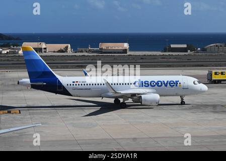 Discover Airline - Lufthansa Group presso l'aeroporto di Gran Canaria. Airbus A320 *** Scoprite il gruppo Airline Lufthansa all'Aeroporto Gran Canaria Airbus A320 Foto Stock