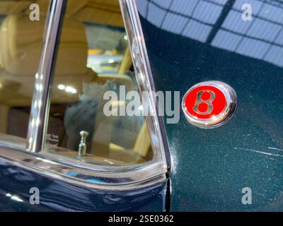 Primo piano di un'automobile classica che mostra il distintivo emblema in luce naturale Foto Stock