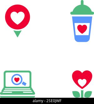 Imposta icone o simboli di San Valentino, cartelli per le feste progettati per festeggiare, stile moderno vettoriale. Illustrazione Vettoriale