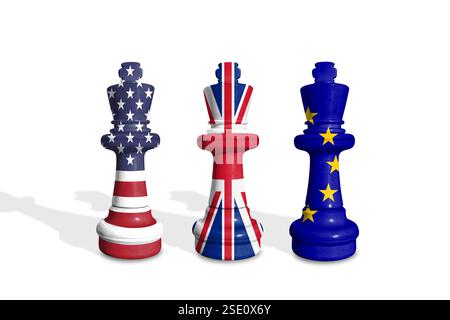 Scacchi realizzati con bandiere statunitensi, britanniche ed europee su sfondo bianco Foto Stock